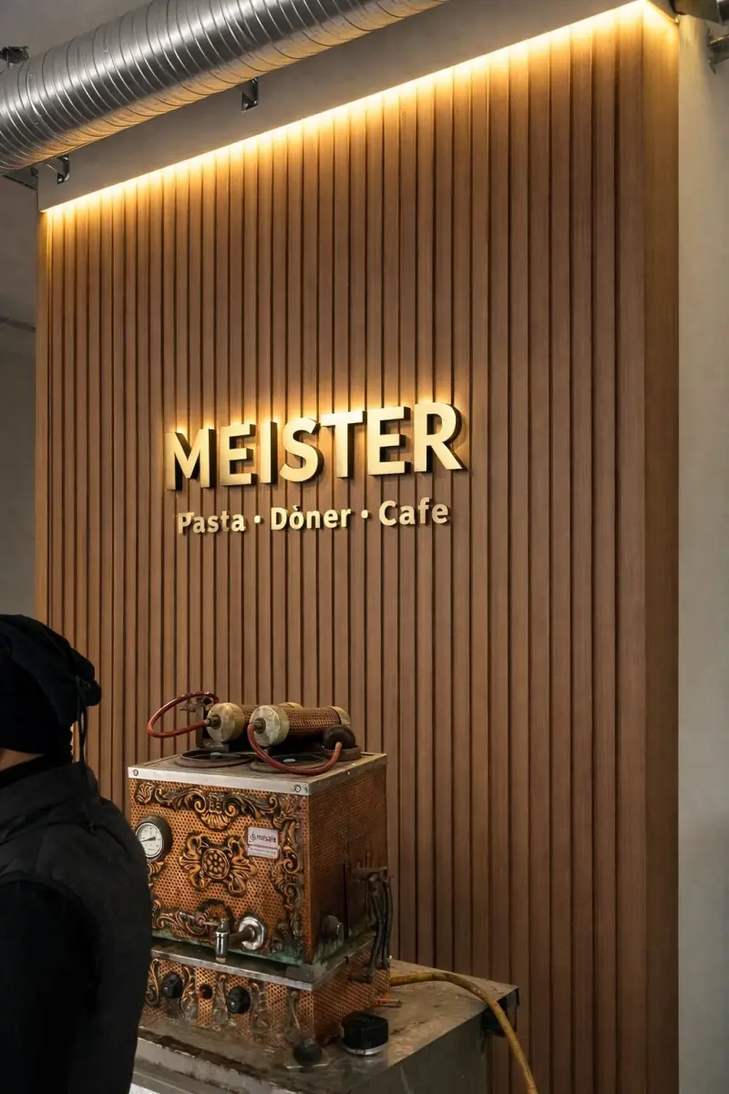 Ahşap lamel iç mekân duvarında altın renk paslanmaz harfler
